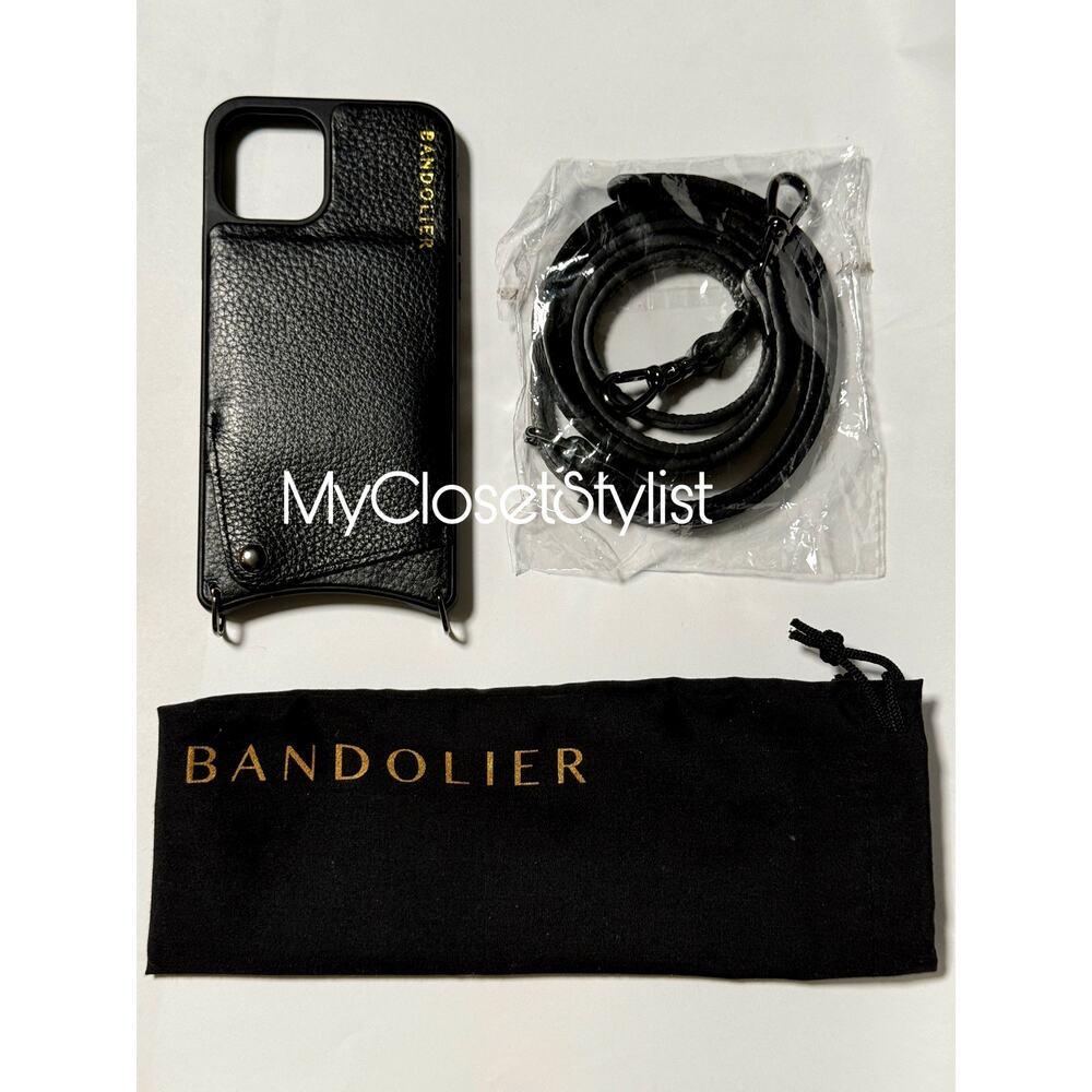 Bandolier 11Pro Black Leather iPhone Crossbody Strap Case NEW SET Gold OR Pewter - Picture 11 of 12